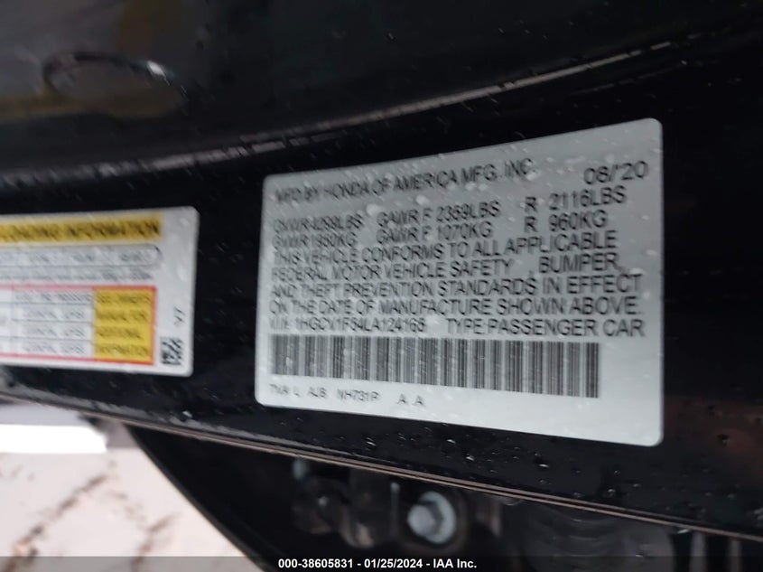 VIN 1HGCV1F54LA124165 2020 HONDA ACCORD EX-L