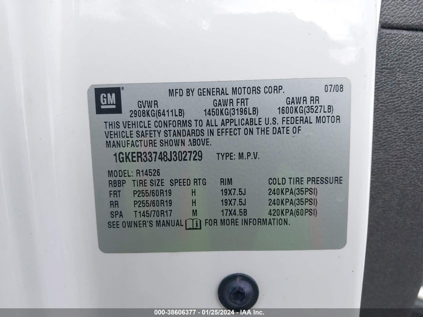 2008 GMC Acadia Slt-2 VIN: 1GKER33748J302729 Lot: 38606377