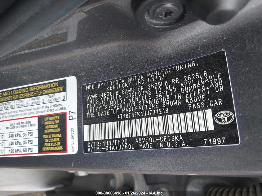 Image 9 of 2017 Toyota Camry  salvage vehicle - Lot #38606418 at IAAI