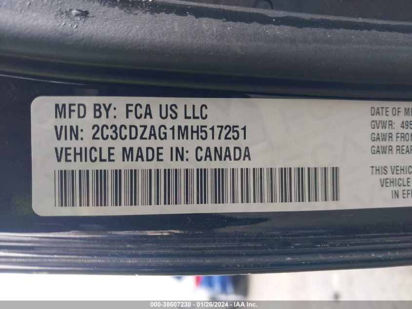 2021 Dodge Challenger Sxt VIN: 2C3CDZAG1MH517251 Lot: 38607230