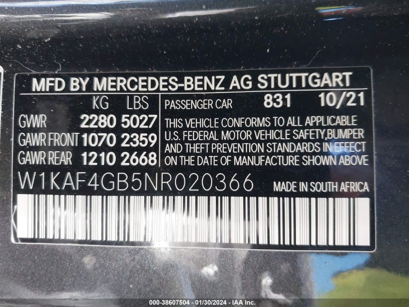 2022 Mercedes-Benz C 300 300 VIN: W1KAF4GB5NR020366 Lot: 38607504