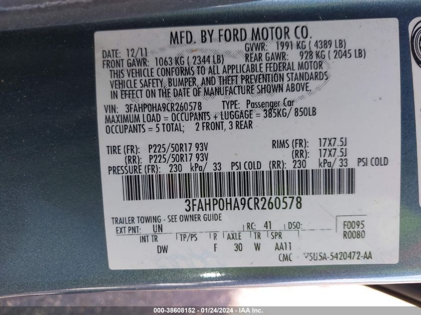 3FAHP0HA9CR260578 2012 Ford Fusion Se