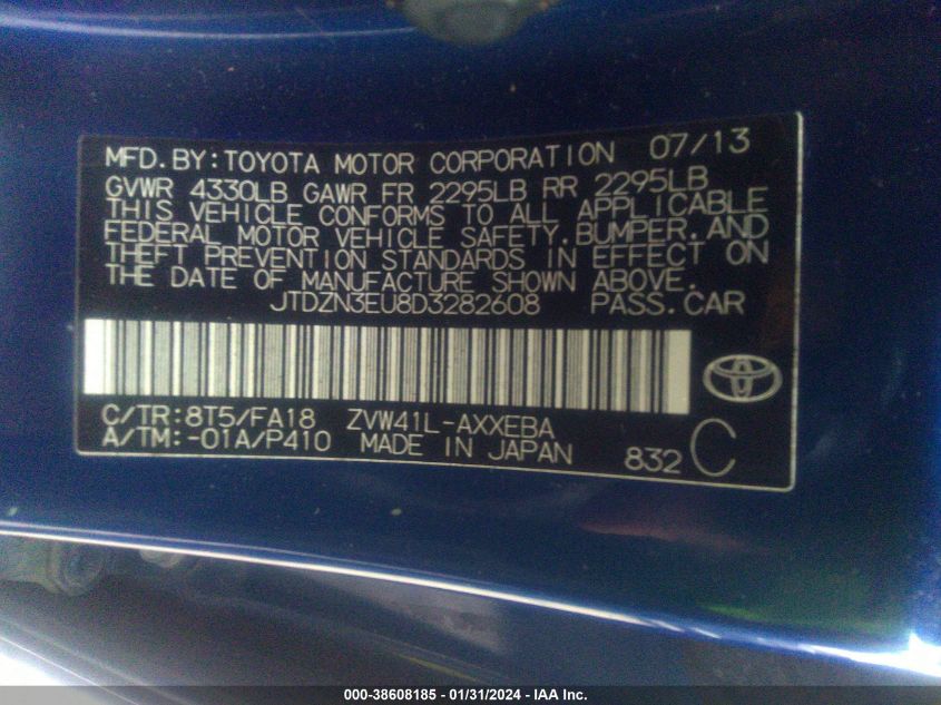 2013 Toyota Prius V Three VIN: JTDZN3EU8D3282608 Lot: 38608185