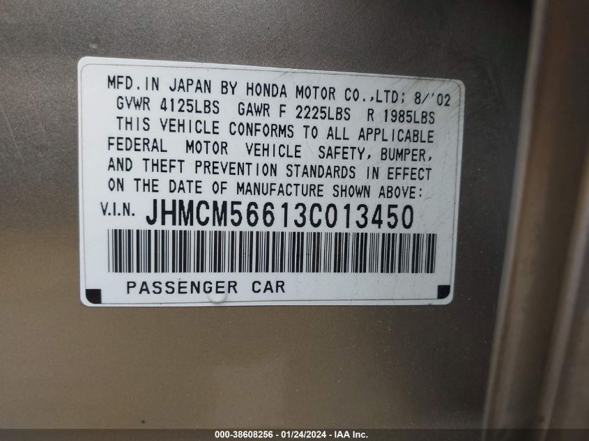 2003 Honda Accord 2.4 Ex VIN: JHMCM56613C013450 Lot: 38608256