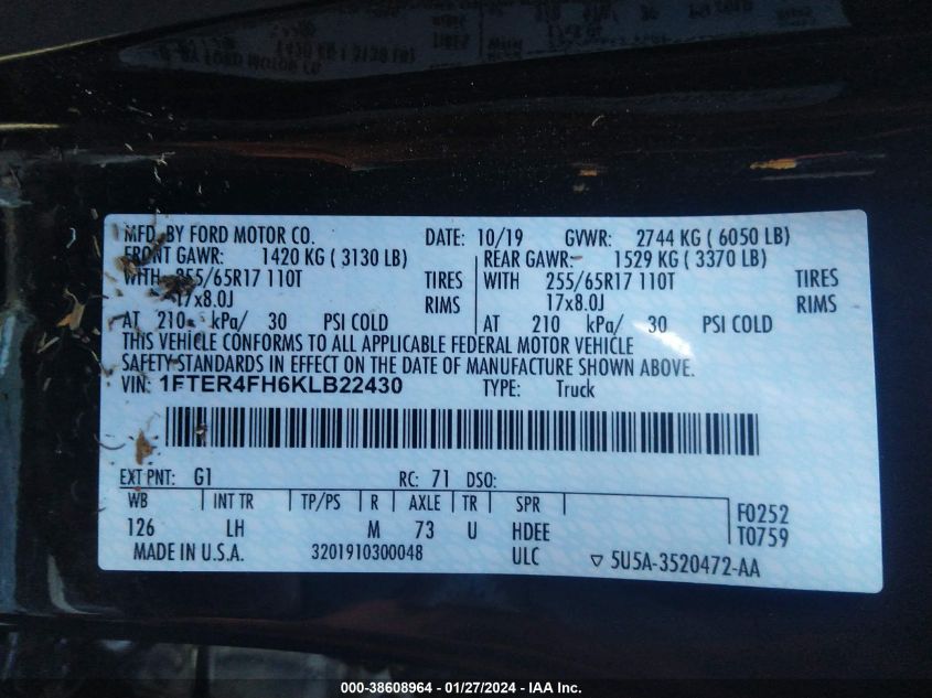 2019 Ford Ranger Xl/Xlt/Lariat VIN: 1FTER4FH6KLB22430 Lot: 38608964