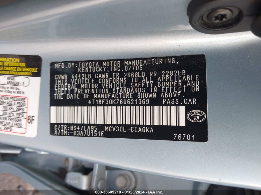 4T1BF30K76U621369 2006 Toyota Camry Xle V6