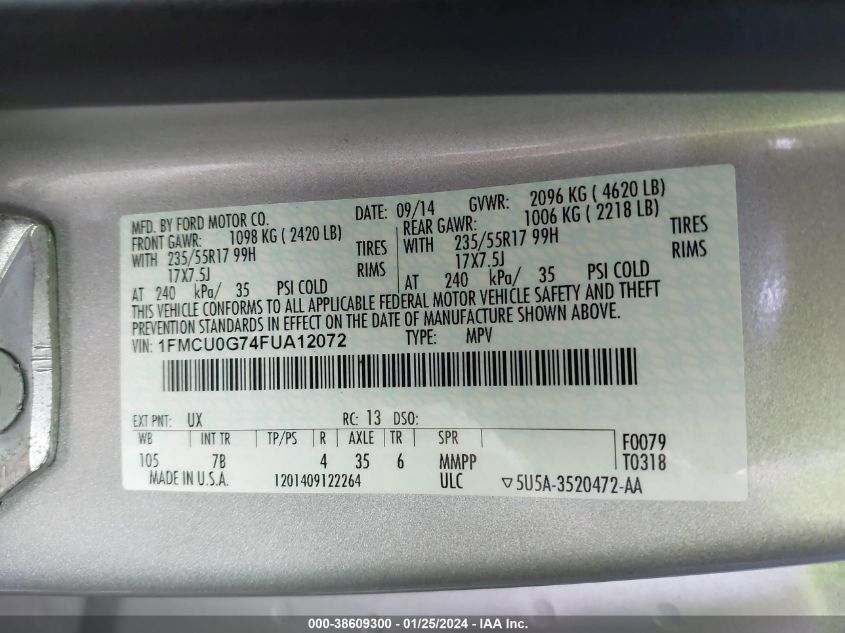 1FMCU0G74FUA12072 2015 Ford Escape Se