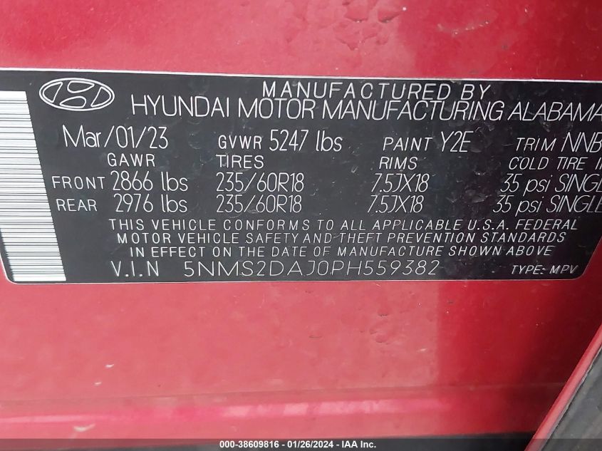 2023 Hyundai Santa Fe Sel VIN: 5NMS2DAJ0PH559382 Lot: 38609816