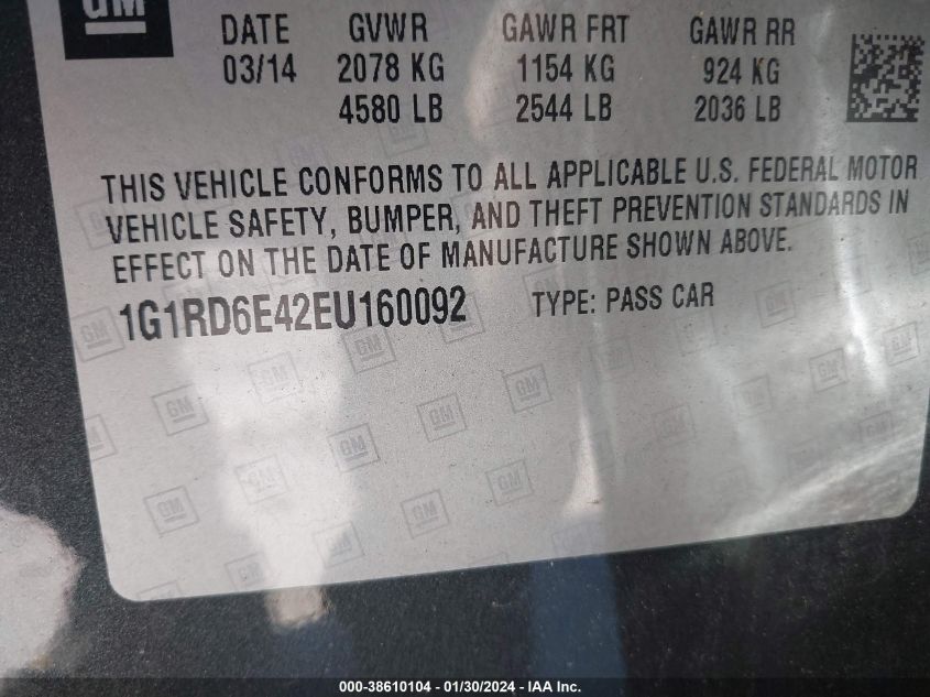 2014 Chevrolet Volt VIN: 1G1RD6E42EU160092 Lot: 38610104