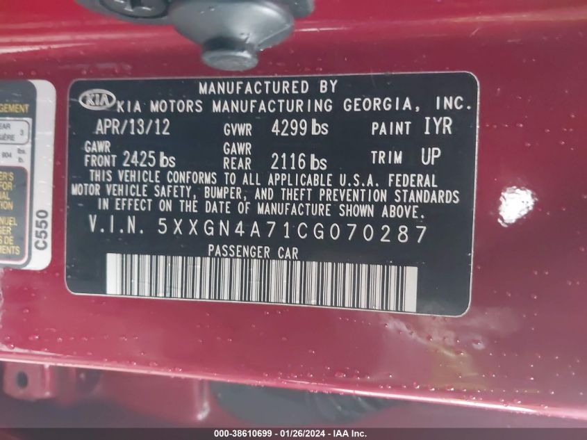 5XXGN4A71CG070287 2012 Kia Optima Ex