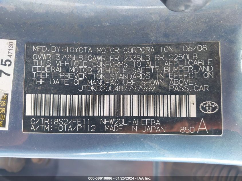 2008 Toyota Prius VIN: JTDKB20U487797969 Lot: 38610886
