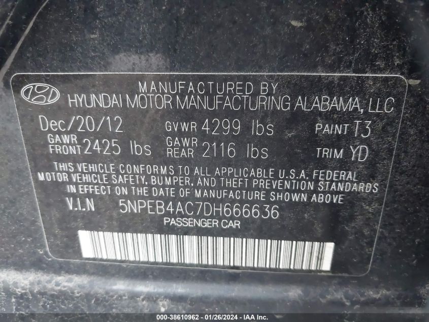 5NPEB4AC7DH666636 2013 Hyundai Sonata Gls