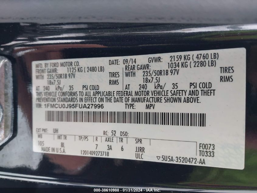 1FMCU0J95FUA27996 2015 Ford Escape Titanium