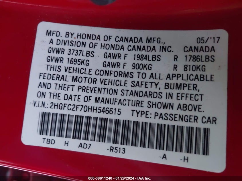 VIN 2HGFC2F70HH546615 2017 HONDA CIVIC EX