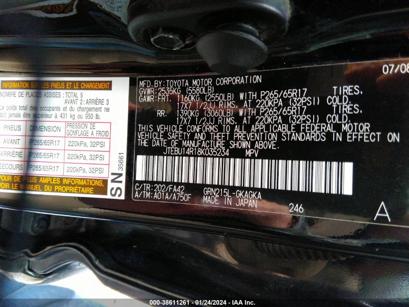 JTEBU14R18K035234 2008 Toyota 4Runner Sr5/Sport