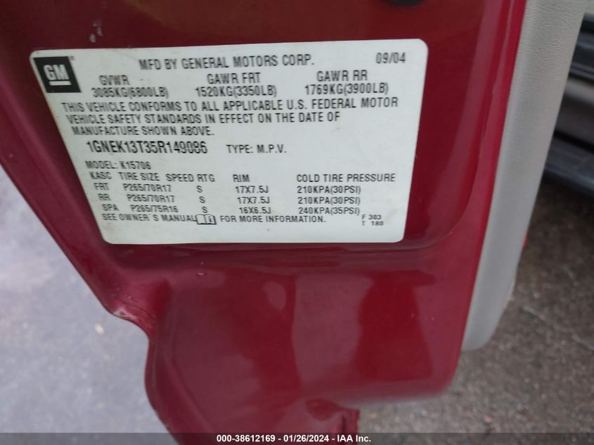 2005 Chevrolet Tahoe Z71 VIN: 1GNEK13T35R149086 Lot: 38612169