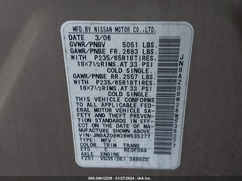 2006 Nissan Murano Se VIN: JN8AZ08W26W535277 Lot: 38612229