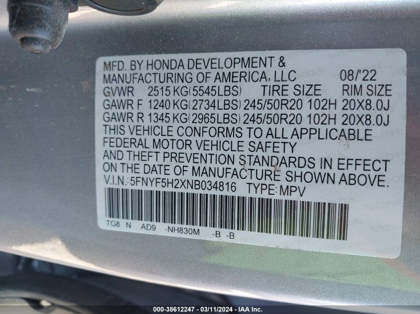 2022 Honda Pilot 2Wd Special Edition VIN: 5FNYF5H2XNB034816 Lot: 38612247