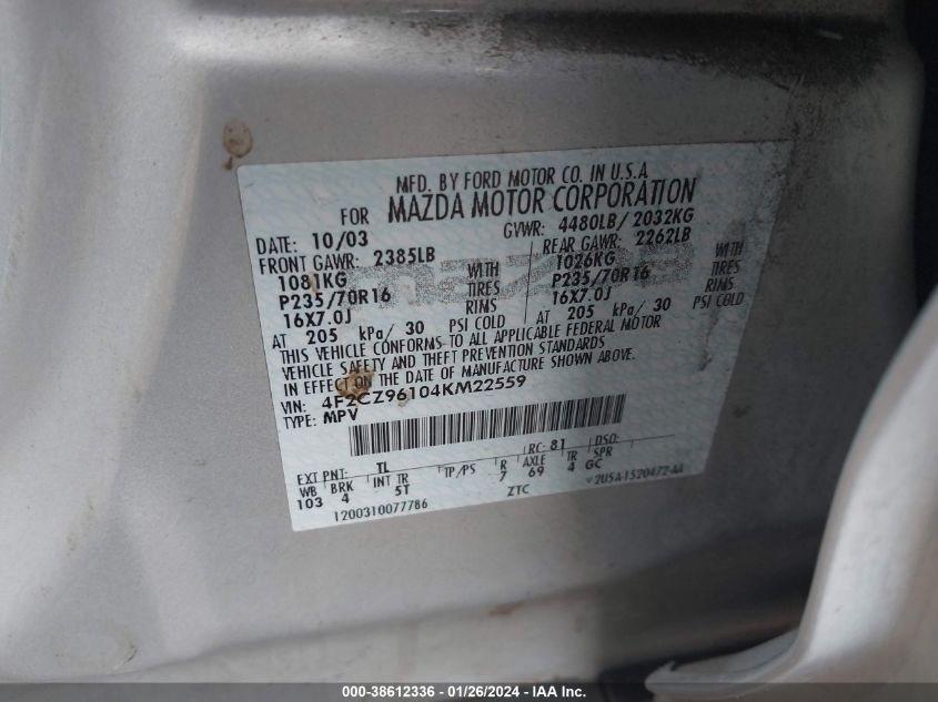2004 Mazda Tribute Es V6 VIN: 4F2CZ96104KM22559 Lot: 38612336