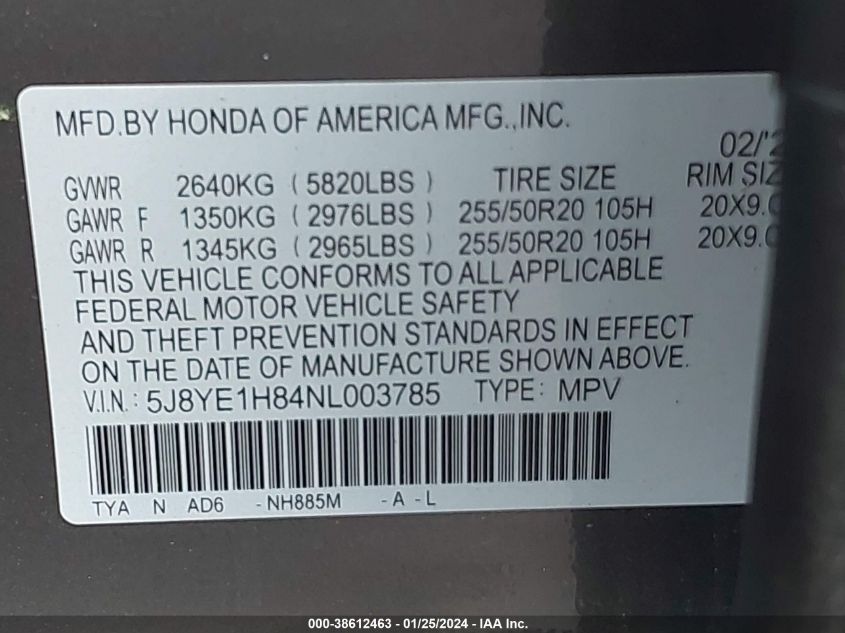 2022 Acura Mdx Advance Package VIN: 5J8YE1H84NL003785 Lot: 38612463