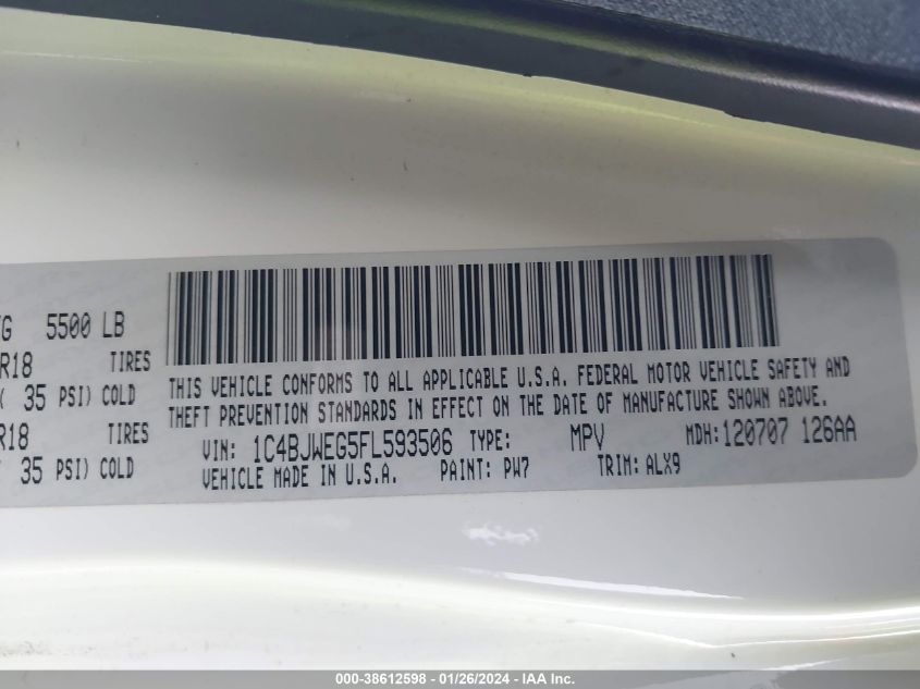 2015 Jeep Wrangler Unlimited Sahara VIN: 1C4BJWEG5FL593506 Lot: 38612598