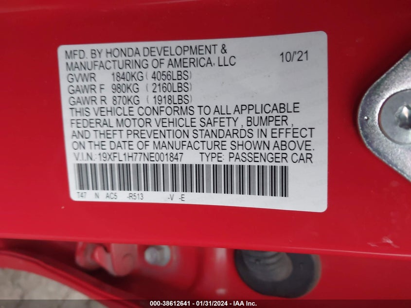 2022 HONDA CIVIC VIN: 19XFL1H77NE001847