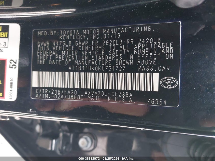 2019 Toyota Camry Se VIN: 4T1B11HK0KU734727 Lot: 38612972
