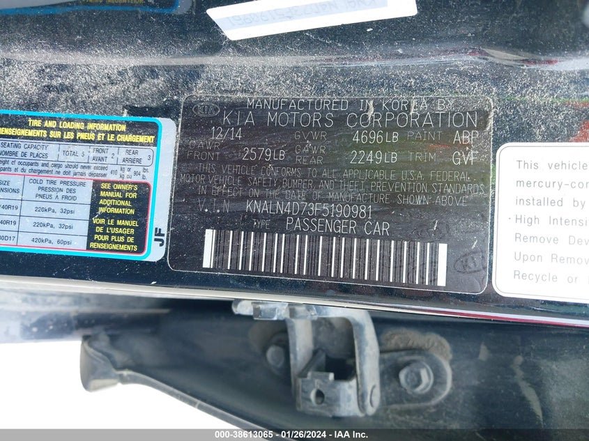 2015 KIA CADENZA PREMIUM KNALN4D73F5190981