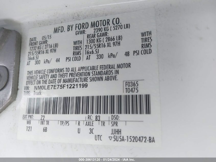 2015 Ford Transit Connect Xl VIN: NM0LE7E75F1221199 Lot: 43348165