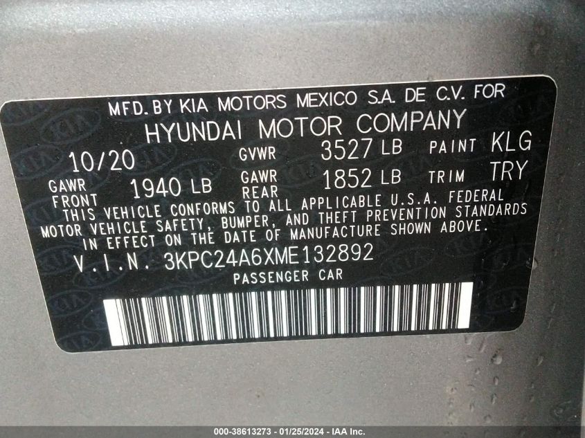 2021 Hyundai Accent Se VIN: 3KPC24A6XME132892 Lot: 38613273