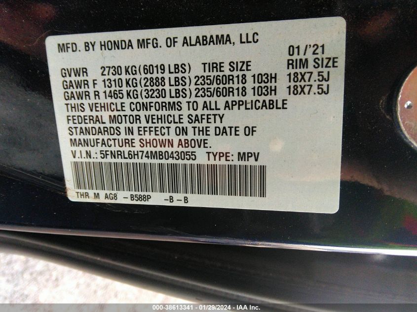 2021 Honda Odyssey Ex-L VIN: 5FNRL6H74MB043055 Lot: 38613341