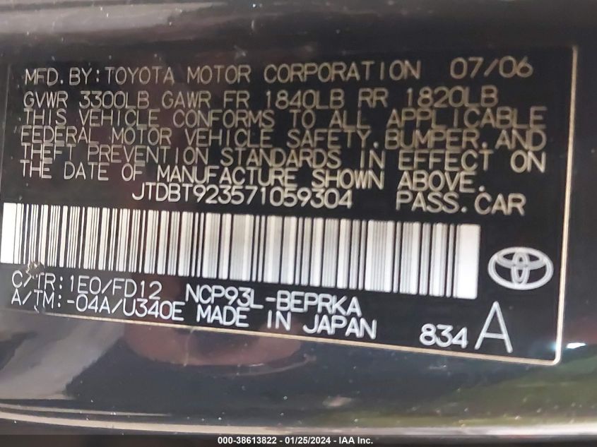 2007 Toyota Yaris VIN: JTDBT923571059304 Lot: 38613822