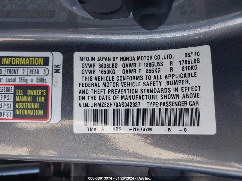 2010 Honda Insight Ex VIN: JHMZE2H70AS042937 Lot: 38613974