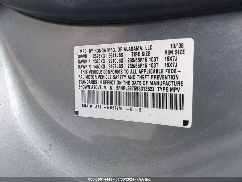 2009 Honda Odyssey Exl VIN: 5FNRL38759B013522 Lot: 38614445