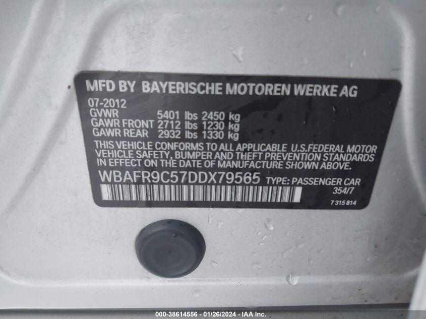 2013 BMW 550I VIN: WBAFR9C57DDX79565 Lot: 38614556