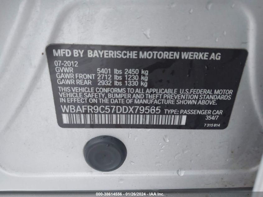 2013 BMW 550I VIN: WBAFR9C57DDX79565 Lot: 38614556