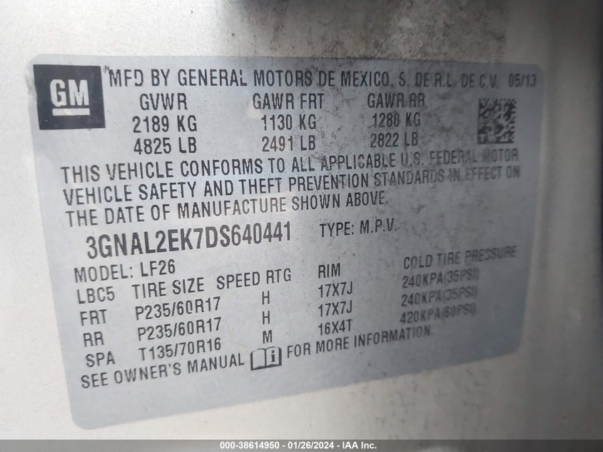 2013 CHEVROLET CAPTIVA SPORT 2LS 3GNAL2EK7DS640441