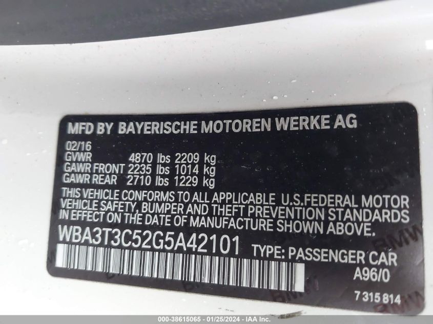 2016 BMW 435I VIN: WBA3T3C52G5A42101 Lot: 38615065