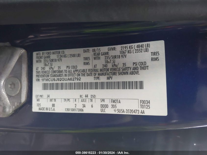 1FMCU9J92GUA62792 2016 Ford Escape Titanium