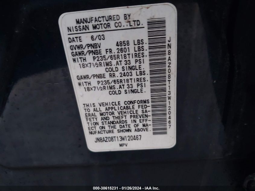 2003 Nissan Murano Se VIN: JN8AZ08T13W120467 Lot: 38615231