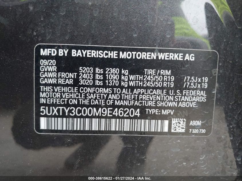 2021 BMW X3 Sdrive30I VIN: 5UXTY3C00M9E46204 Lot: 38615622