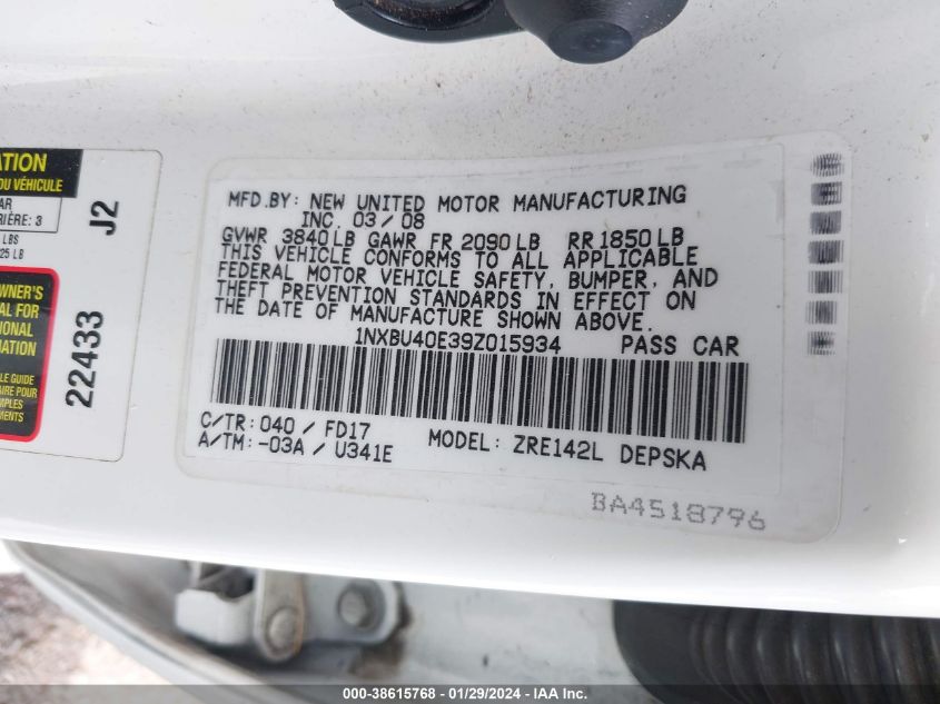 1NXBU40E39Z015934 2009 Toyota Corolla S