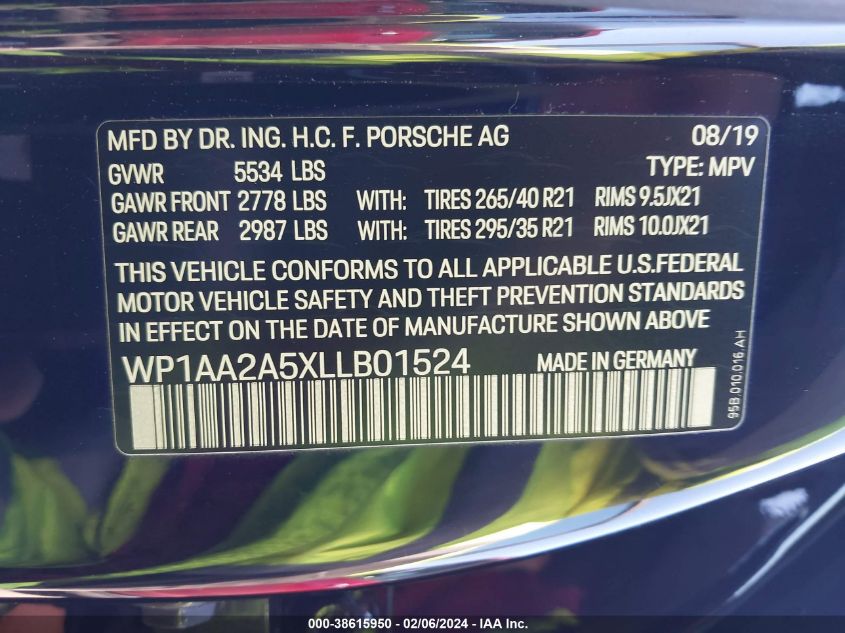 2020 Porsche Macan VIN: WP1AA2A5XLLB01524 Lot: 38615950