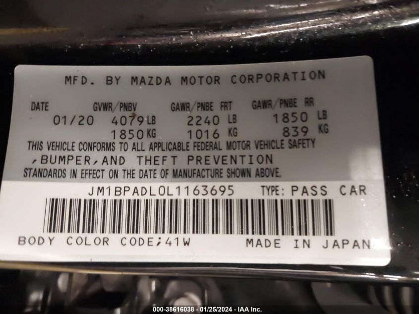 2020 Mazda Mazda3 Preferred Package VIN: JM1BPADL0L1163695 Lot: 38616038