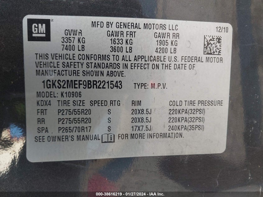2011 GMC Yukon Xl 1500 Denali VIN: 1GKS2MEF9BR221543 Lot: 38616219