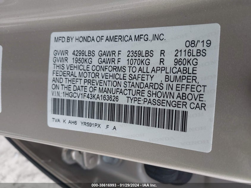 VIN 1HGCV1F43KA163626 2019 HONDA ACCORD EX