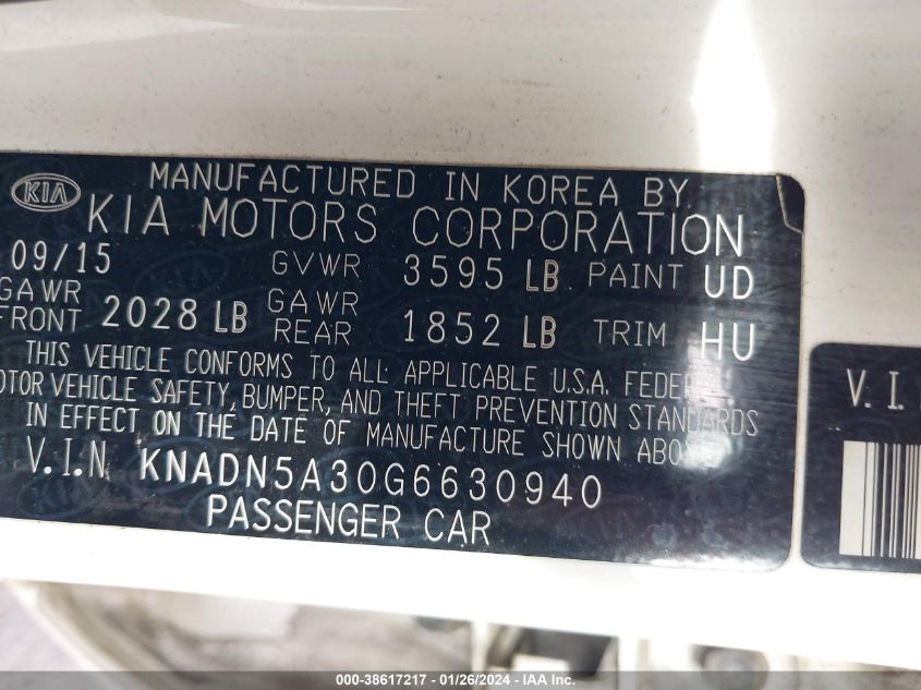 2016 Kia Rio Ex VIN: KNADN5A30G6630940 Lot: 38617217