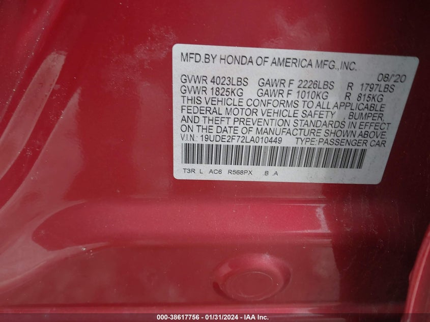 2020 ACURA ILX VIN: 19UDE2F72LA010449