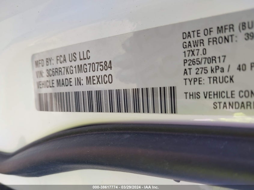 2021 Ram 1500 Classic Tradesman VIN: 3C6RR7KG1MG707584 Lot: 38617774