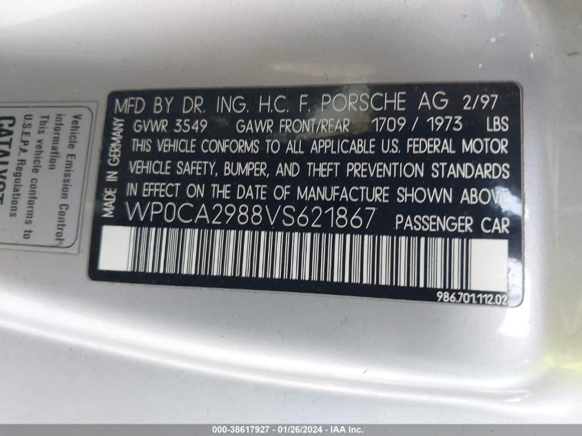 1997 Porsche Boxster Base (A4) Tiptronic/Base (M5) VIN: WP0CA2988VS621867 Lot: 38617927